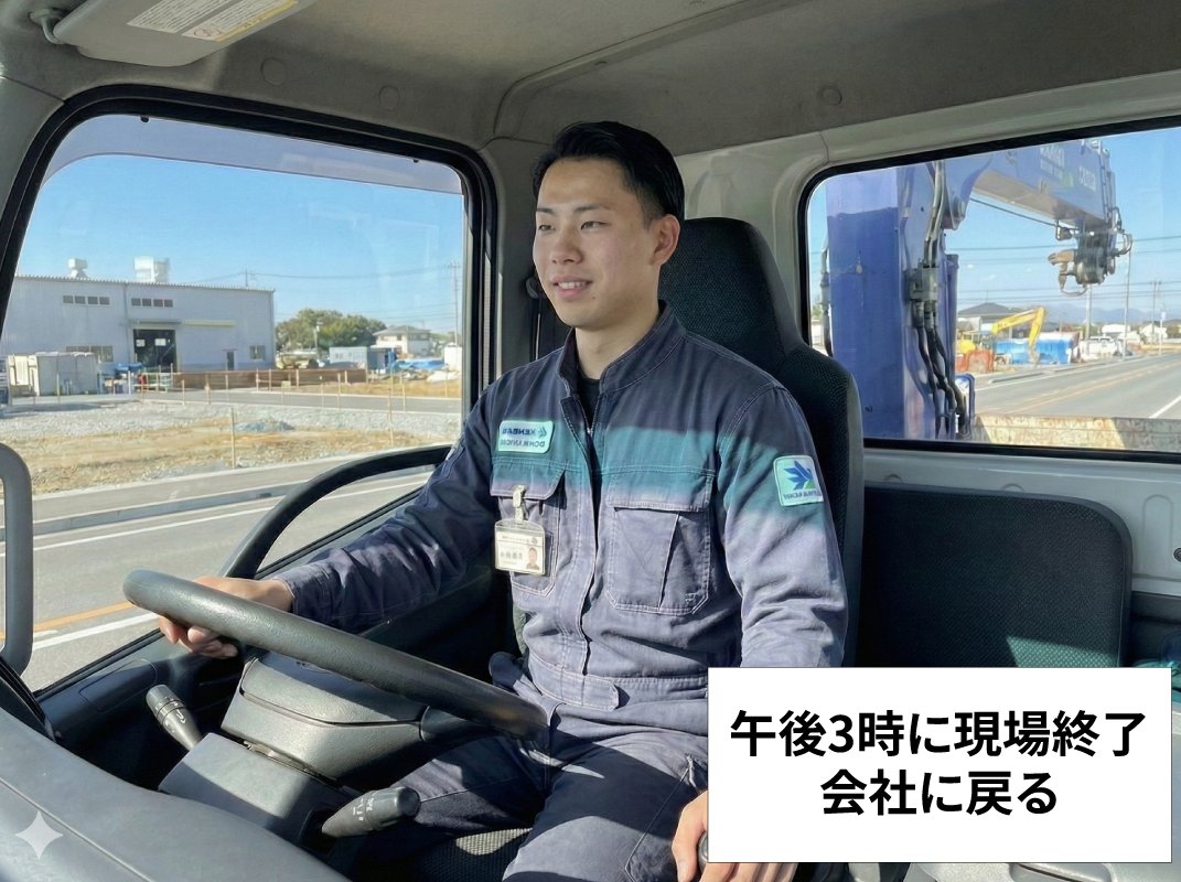 午後3時に現場終了、会社に戻る整備士